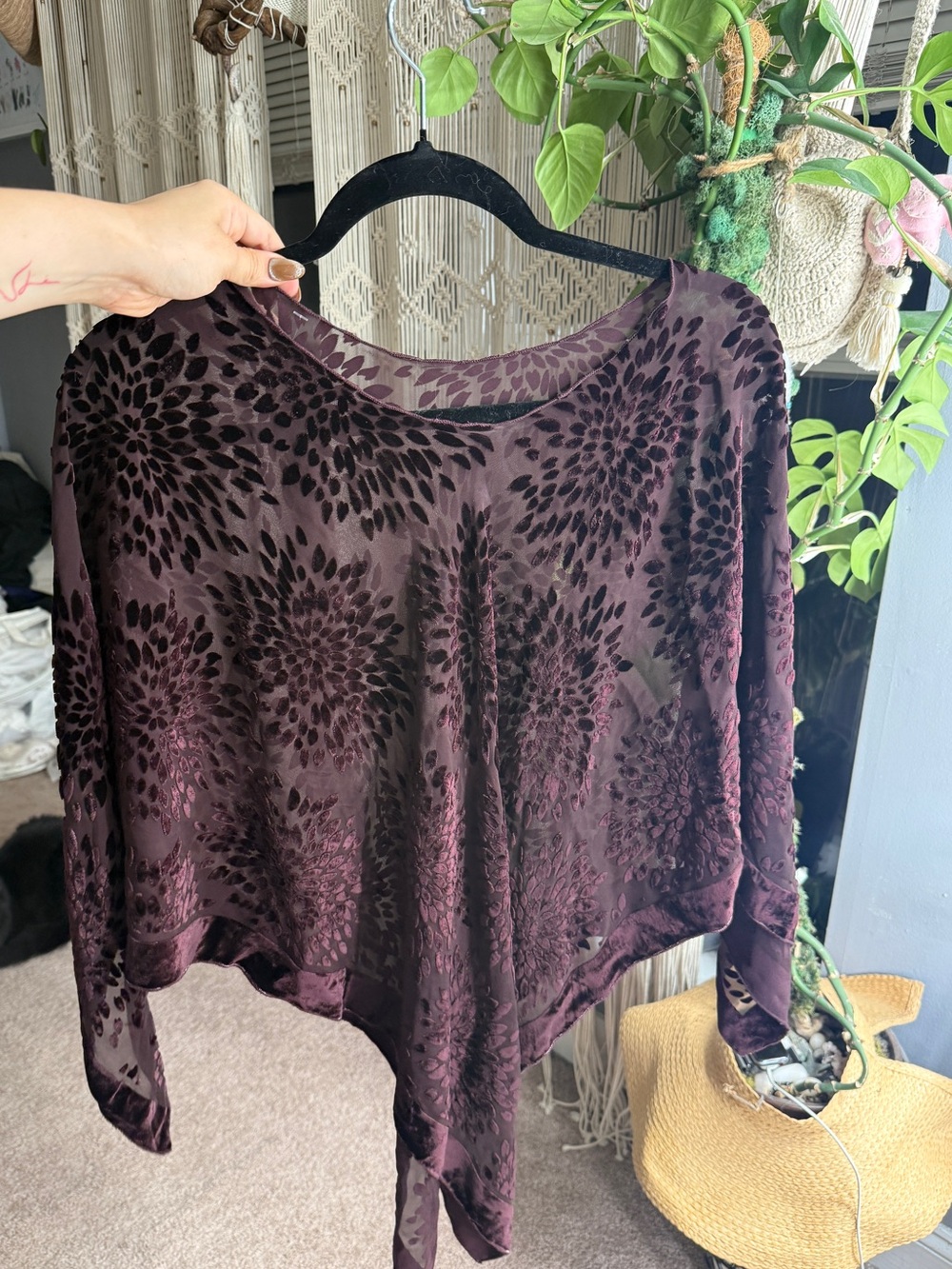 Women’s Sheer Burnout Floral Blouse/poncho in Deep Plum